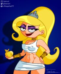 >:) belly belly_button big_breasts big_eyes blonde_hair blue_background cartoon_network eris_(billy_and_mandy) eyelashes female female_only goddess golden_hair greek_mythology half-closed_eyes hips light-skinned_female nipple_bulge nipples nipples_visible_through_clothing pinup purple_eyeshadow red_lipstick revealing_clothes skimpy smile the_grim_adventures_of_billy_and_mandy thick_thighs tonero wide_hips