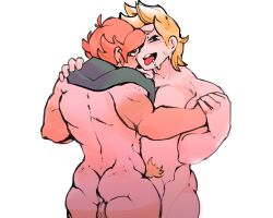 2boys abs ass back backsack balls bara barely_visible_genitalia blonde_hair blonde_pubic_hair blush bubble_ass bubble_butt butt crossover drawfag drawthread_request duo flaccid gay hand_on_shoulder holding holding_hands human kissing looking_at_viewer male male/male male_focus male_only milo_(pokemon) mirio_togata muscular muscular_male my_hero_academia naked narrowed_eyes nervous nintendo nude pecs penis pink_hair pokemon pokemon_ss pokemon_trainer pubic_hair saliva scarf spiky_hair standing sweat tan tan_body tanline testicles tongue tongue_out video_games yaoi