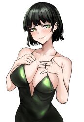 1girls absurd_res bangs bare_shoulders big_breasts blush bob_cut breasts busty cleavage clothed clothing collarbone covered_navel covered_nipples curvaceous curvy curvy_body curvy_female curvy_figure dark_green_hair dress ear_piercing eye_contact eyelashes female female_focus female_only fringe front_view fubuki_(one-punch_man) green_dress green_eyes green_hair hair_behind_ear hand_on_breast hand_on_chest highres hips hourglass_figure light-skinned_female light_skin lips lipstick looking_at_viewer medium_hair midriff nero_watch one-punch_man piercing short_hair slim slim_waist smile smiling smiling_at_viewer smirk solo solo_female solo_focus strap_pull teasing thin_waist waist white_background wide_hips