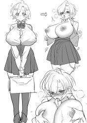 bag big_breasts blowjob blush blushing boobjob breasts breasts_exposed fellatio heavy_blush horny horny_female huge_breasts kurokuroooi large_breasts licking_penis nipple_bulge nipples nipples_visible_through_clothing paizuri penis revealing_breasts school_uniform schoolgirl schoolgirl_uniform short_hair thick thick_thighs thighs unbuttoned_shirt unbuttoning_shirt