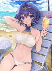 1girls alternate_costume ass_visible_through_thighs beach bikini blue_eyes blue_hair drink female female_only fire_emblem fire_emblem_awakening looking_at_viewer medium_breasts morgan_(fire_emblem) morgan_(fire_emblem)_(female) nintendo shimizu_akina skeb_commission solo swimsuit tiara white_bikini white_swimsuit