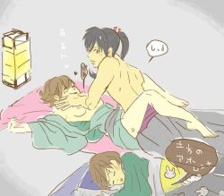 1girls 2boys aged_down ambiguous_penetration black_hair breasts_out brown_hair female futon gintama hijikata_toshiro kimono lantern long_hair_male looking_back male missionary_position okita_mitsuba okita_sougo ponytail sleeping stealth_sex sweat topless topless_male