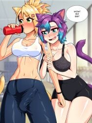 1futa 1girls blonde_hair catgirl crotch_bulge duo erection_under_clothes final_fantasy final_fantasy_xiv fully_clothed futanari gym_clothes miqo'te oppai_forge original_character purple_hair rayna_nibblefoot ryoko_nibblefoot tagme