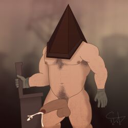 2022 abs armpit_hair balls bara barazoku big_penis codawolfex cum cumshot darkened_genitalia digital_media_(artwork) erection foreskin gloves hair helmet male male_only muscular muscular_male muscular_thighs nipples nude orgasm penis pixel_art pubic_hair pyramid_head silent_hill solo solo_focus uncut video_games weapon