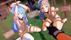 3d 3girls angry aqua_eyes arms_behind_back arms_up asymmetrical_clothes asymmetrical_legwear auction azura_(fire_emblem) background_character bangs bare_legs barefoot blue_eyes blue_hair bondage bound bound_wrists box breasts bucket camp captured chain_leash chains cloth_gag collar completely_nude crying crying_with_eyes_open defeated drooling english_text felicia_(fire_emblem) female female_focus femsub fire_emblem fire_emblem_fates gag glaring grass hair_between_eyes improvised_gag kneeling leash legs long_hair looking_at_viewer maid maid_headdress male maledom medium_breasts melonsoda multiple_boys multiple_girls multiple_subs nintendo nude nude_female outdoors pink_hair pointing ponytail pov price princess rape restrained revealing_clothes royalty saliva saliva_on_breasts saliva_trail scared sign slave slave_outfit small_breasts stationary_restraints sweat tent text thighhighs very_long_hair yellow_eyes