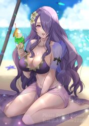 1girls alternate_costume beach bikini breasts camilla_(fire_emblem) camilla_(summer)_(fire_emblem) cleavage female female_only fire_emblem fire_emblem_fates fire_emblem_heroes hair_ornament hair_over_one_eye holding juice large_breasts long_hair navel nintendo official_alternate_costume open_mouth outdoors purple_bikini purple_eyes purple_hair purple_swimsuit sarong see-through sitting snow20200 solo swimsuit very_long_hair