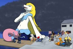 absurd_res ambiguous_gender anthro avian blonde_hair boarding bodily_fluids braixen buizel canid canine clothed clothed/nude clothing cock_bulge cock_vore cum cum_on_ground dock drawing_straws fan_character felid feline femboy feral fox frazone genital_fluids genitals girly green_eyes gremlin grisouille group hair hi_res hybrid lagomorph lineup litten littlerover long_hair lucario macro male male_pred mammal marine mawile mienfoo mustelid navel nickit nintendo nude outside penile penis pinniped pokemon pokemon_(species) popplio prehensile_penis primarina quilava sableye scorbunny seaside shiny_pokémon shiny_primarina sign sirfetch'd sneasel storm suitcase video_games vore waiting