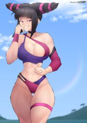 1girls big_breasts bikini black_hair capcom female female_only flytrapxx fully_clothed hi_res juri_han looking_at_viewer narrowed_eyes pink_eyes smiling smiling_at_viewer solo solo_female street_fighter street_fighter_ii_rainbow_edition swimsuit teeth_showing thick_thighs thigh_gap twintails