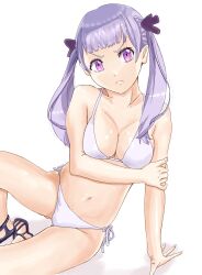 1girls bangs bare_shoulders bikini black_clover breasts closed_mouth female female_only frown grey_hair heels high_heels large_breasts long_hair noelle_silva purple_eyes silver_hair simple_background solo swimsuit tagme tukemen_gyokai twintails white_background white_bikini