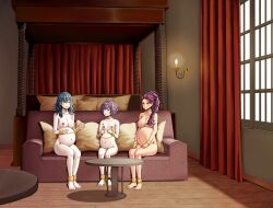 3girls ankle_cuffs bare_legs bare_shoulders barefoot bernadetta_von_varley bondage braid braided_ponytail breasts brown_eyes byleth_(fire_emblem) byleth_(fire_emblem)_(female) candle chains closed_eyes collar collarbone completely_nude couch cuffs dark-skinned_female dark_skin female female_only femsub fire fire_emblem fire_emblem:_three_houses hair_over_shoulder happy happy_sub harem indoors legs long_hair medium_hair multiple_girls multiple_pregnancies multiple_subs nintendo nipple_piercing nipples nude nude_female open_mouth petra_macneary piercing pillow ponytail pregnant purple_eyes purple_hair saikunartworks short_hair shoulders sitting slave small_breasts smile sofa talking teal_hair wrist_cuffs