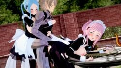 1boy 2girls 3d bangs bare_thighs bent_over blue_eyes blue_hair blush breasts breasts_out closed_eyes corrin_(fire_emblem) corrin_(fire_emblem)_(male) cum cum_drip cum_in_pussy cum_inside felicia_(fire_emblem) female ffm_threesome fire_emblem fire_emblem_fates flora_(fire_emblem) food fruit group_sex hug inner_thighs kankantor large_breasts light_blue_hair long_hair looking_back maid male master_and_servant nintendo nipples open_mouth outdoors pink_hair pointy_ears prince royalty sex short_hair siblings sisters smile table table_sex thighhighs thighs threesome twins vaginal_penetration