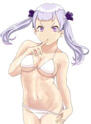 angry bangs bare_shoulders bikini black_clover breasts cleavage closed_mouth cute female female grey_hair long_hair medium_breasts noelle_silva purple_eyes simple_background solo swimsuit tagme tukemen_gyokai twintails white_background white_bikini