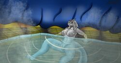 4_toes 5_fingers anthro ashenbooper bath bathing breasts claws dragon feet female fingers genitals grey_body grey_hair grey_scales hair hi_res horn mature_anthro mature_female nipples open_mouth pussy scales scalie smile solo spread_legs spreading toe_claws toes undressed ventia_(ashenbooper) water