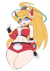 big_breasts blonde_hair blue_eyes blush ciel_(mega_man) mega_man mega_man_x_dive mega_man_zero peace_sign ponytail semikichi smile swimsuit tagme thick_thighs