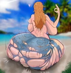 ass ass_expansion back_view beach big_ass big_breasts bottom_heavy breast_expansion expansion female female_only growth huge_ass huge_breasts jeans long_hair nami ok_sign one_piece orange_hair post-timeskip solo solo_female stinkycokie thick_thighs topless torn_clothes