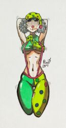 bebey_(streamer) belly belly_button choker clown clown_girl clown_nose clussy_bebs gray_hair hands_behind_head looking_at_viewer medium_breasts no_eyes pencil_(artwork) polka_dot polka_dot_hat polka_dot_legwear polka_dot_topwear rius_art rule_63 short_hair smile smiling sunglasses_on_head suspenders thick_thighs youtuber деградач