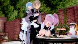 1boy 2girls 3d bangs bare_thighs bent_over blue_eyes blue_hair blush breasts breasts_out closed_eyes corrin_(fire_emblem) corrin_(fire_emblem)_(male) felicia_(fire_emblem) female ffm_threesome fire_emblem fire_emblem_fates flora_(fire_emblem) food fruit group_sex hug inner_thighs kankantor large_breasts light_blue_hair long_hair looking_back maid male master_and_servant nintendo nipples open_mouth outdoors pink_hair pointy_ears prince royalty sex short_hair siblings sisters smile table table_sex thighhighs thighs threesome twins vaginal_penetration