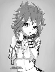 arya-aiedail big_breasts chain choker cleavage covering_breasts cute fairy_tail levy_mcgarden medium_breasts medium_hair monochrome nude rings tattoo thin_waist topless wide_hips