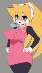 1girls big_breasts big_nipples blonde_female blonde_hair blue_eyes blush ciel_(mega_man) erect_nipples erection_under_clothes mega_man mega_man_zero semikichi tagme