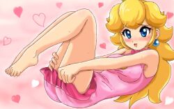 00s 1girls 2000s armpits bare_arms bare_legs bare_shoulders barefoot blonde_hair blue_eyes blush breasts covering covering_ass crown dress dress_tug earrings embarrassed eyebrows_visible_through_hair feet female female_only frilled_dress frills full_body heart heart_background jewelry lying mario_(series) mario_tennis medium_breasts nintendo nipple_bulge on_back open_mouth pink_background pink_dress princess_peach raised_legs short_dress sigurdhosenfeld simple_background sleeveless sleeveless_dress smile solo sweat toes tongue