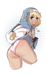 <3 1boy androgynous aqua_eyes ass big_ass blonde_hair blue_eyes blush bridget eye_contact femboy fingerless_gloves from_behind girly gloves guilty_gear guilty_gear_strive happy heart heart_on_panties hoodie jacket_lift looking_at_viewer looking_back male male_only medium_hair panties pattern_background pink_nails pink_panties presenting_hindquarters quro simple_background smile solo thick_thighs thighs trap