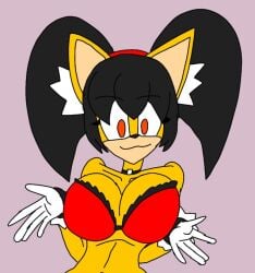 1girls 5_fingers :3 amber_eyes anthro bangs big_breasts bittersafterdark black_hair bra breasts choker eyebrows_visible_through_hair eyelashes female gloves hair_accessory hairband headband honey_the_cat hourglass_figure long_hair looking_at_viewer lowres midriff mostly_nude ms_paint partially_clothed small_waist smiling solo sonic_(series) sonic_the_fighters sonic_the_hedgehog_(archie) sonic_the_hedgehog_(comics) twintails underwear wide_hips yellow_body yellow_fur