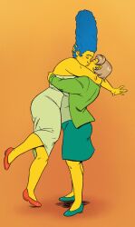 ass big_hair blue_hair blush bottomwear brown_hair closed_eyes clothed clothing curled_hair dress duo ear_piercing edna_krabappel embrace female female/female footwear french_kiss fully_clothed galacticgoodie hair hug human kissing mammal marge_simpson mature_female mature_human piercing shoes skirt the_simpsons yellow_body yellow_skin yuri