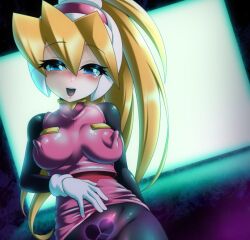 1girls blonde_hair blue_eyes blush ciel_(mega_man) erect_nipples erection_under_clothes medium_breasts mega_man mega_man_zero pubic_tattoo semikichi smile tagme