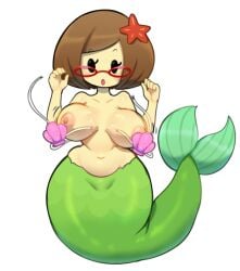 1girls 5_fingers :o big_breasts bra breasts breasts_out brown_hair cute female female_only glasses green_tail jpeg large_breasts looking_at_viewer mermaid mob_face nikki_(swapnote) nintendo nipples open_mouth seashell_bra solo somescrub swapnote tail wardrobe_malfunction white_background