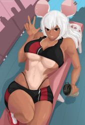 1girls alina_(zanamaoria) bergoqew big_breasts black_eyes bottle ear_piercing female female_only fit fit_female holding_bottle humanoid long_hair looking_at_viewer mouse mouse_ears mouse_girl murine smiling_at_viewer solo solo_female sportswear tan_skin tanline underboob v_sign very_high_resolution viewed_from_above white_hair