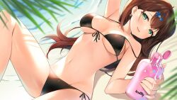 ayamy bikini black_bikini female female_only hanamori_healthy highres indie_virtual_youtuber lotion_bottle solo solo_female swimsuit virtual_youtuber