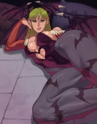 1girls absurd_res arm_sleeves bangs bat_print capcom clothing darkstalkers demon_wings fangs female female_only fingerless_arm_sleeves green_eyes green_hair head_wings heart_shape leotard long_hair looking_at_viewer lying lying_on_floor lying_on_side medium_breasts morrigan_aensland on_side pantyhose smiling smiling_at_viewer solo solo_female succubus taikolum thick_thighs wings