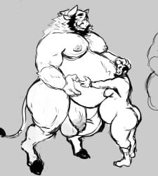 anthro ass balls beard belly big_belly black_hair blush bodily_fluids body_hair bovid bovine cattle chest_hair duo embrace facial_hair fur genital_fluids genitals hair horn hug human humanoid interspecies juicestandmango larger_anthro larger_male male male/male male_only mammal moobs nipples nude orc overweight overweight_male pecs penetration penis pregnant pregnant_male simple_background size_difference smaller_human smaller_male smile superchub thick_thighs