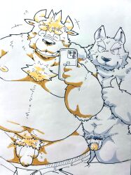 2022 anthro balls belly big_belly bovid bovine canid canine canis cattle cellphone closed_eyes duo flaccid fur genitals hi_res humanoid_genitalia humanoid_hands humanoid_penis kemono male male/male mammal moobs navel nipples overweight overweight_male penis phone pubes smartphone suishou0602 wolf