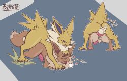 anal anal_sex ass balls balls_deep big_balls big_butt big_penis bodily_fluids breath breathing claws cum cum_drip doggy_style dripping duo eevee eeveelution ejaculation feral fluffy fluffy_tail from_behind_position genital_fluids genitals grass heart hi_res jolteon knot male male/male markings moan nintendo pawpads paws penetration penis plant pokémon_(species) pokemon precum sex shelvedderg snout video_games