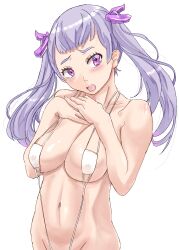 1girls bangs bare_shoulders black_clover blush breasts embarrassed female female_only grey_hair highres large_breasts long_hair noelle_silva open_mouth purple_eyes silver_hair skimpy skimpy_bikini solo string_bikini swimsuit tagme tukemen_gyokai twintails