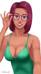 1girls big_breasts breasts dark-skinned_female dark_pink_hair dark_skin dress glasses green_dress looking_at_viewer maroon_eyes maroon_hair maru_(stardew_valley) no_background round_glasses selfie smile smiling smiling_at_viewer solo solo_female stardew_valley sundrie76 transparent_background