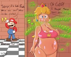 belch belching belly big_belly bloated_belly blonde_hair burp burp_cloud burp_fetish burping crown male mario mario_(series) princess_peach sports_bra stuffed_belly un_shoto