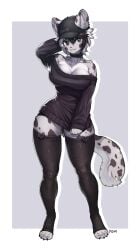 1girls anthro arm_behind_head black_eyes black_hair black_thighhighs cleavage commission countershading female female_only full_body fur furry furry_only grey_fur leopard leopard_ears leopard_tail looking_at_viewer pantherine schewiener smiling_at_viewer snow_leopard solo solo_female spotted_fur sweater tail thick_thighs thighhighs toeless_legwear two_tone_hair very_high_resolution vi_(hiioh) white_hair