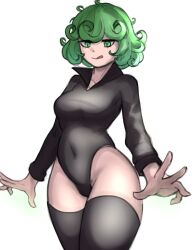 1girls 2022 :q absurd_res black_thighhighs curly_hair female female_only green_eyes green_hair leotard licking_lips long_sleeve_leotard medium_hair narrowed_eyes nyapii one-punch_man solo solo_female tatsumaki thick_thighs thighhighs white_background