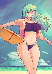 beach belly belly_button big_breasts bikini_bottom breasts child_bearing_hips clothing curves curvy darkstalkers green_eyes green_hair hips large_breasts medium_breasts morrigan_aensland sea shirt succubus swimsuit swimwear taobaka thick thick_thighs tummy turquoise_eyes turquoise_hair vampire wide_hips