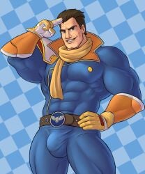 balls bara bulge captain_falcon f-zero fully_clothed gay hand_on_hip headingsouth looking_at_viewer male male_only muscles muscular nintendo penis salute solo solo_male