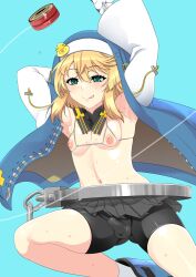 1boy androgynous artist_request bike_shorts blonde_hair blue_eyes bra bridget erection erection_under_clothes femboy guilty_gear guilty_gear_strive male open_bra otoko_no_ko small_breasts small_penis solo