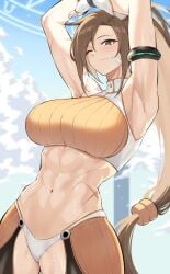 1girls abs absurdres armlet armpits arms_up arms_up_pose bandaid bandaid_on_cheek bandaid_on_face bangs breasts brown_hair commentary_request cowboy_shot crop_top crotchless crotchless_pants dungeon_and_fighter female fighter_(dungeon_and_fighter) fingerless_gloves gloves halter_top halterneck high_ponytail highres kook korean_commentary large_breasts light_blush long_hair multiple_scars navel one_eye_closed panties pants ponytail scar scar_on_arm scar_on_stomach sleeveless solo striker_(dungeon_and_fighter) sweat thick_thighs thighs toned underwear very_long_hair white_gloves white_panties