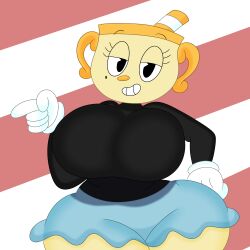 3barts absurd_res big_breasts black_shirt blue_skirt cuphead:_the_delicious_last_course cuphead_(game) female ms._chalice pac-man_eyes thick_thighs white_gloves wide_hips