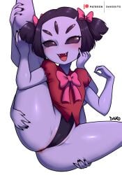 1girls 6_arms animal_humanoid anus anus_peek arachnid arachnid_humanoid arthropod arthropod_humanoid blush clothed clothing dako dakosito eye_contact female female_only flat_chest flat_chested flexible hair_ribbon hi_res humanoid leg_behind_head looking_at_viewer muffet multi_arm multi_eye multi_limb panties purple_body raised_leg simple_background solo spider_humanoid thick_thighs thighs thong undertale undertale_(series) underwear video_games white_background