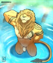 anthro arm_tattoo big_penis black_nipples black_nose blonde_hair chest_tattoo felid flaccid fur genitals hair hand_behind_head hand_on_butt hi_res kirlanlion lion male mammal muscular muscular_anthro muscular_male nipples nude nude_male pantherine pecs penis solo standing_in_water tan_body tan_fur tattoo tribal tribal_tattoo water yellow_body yellow_fur