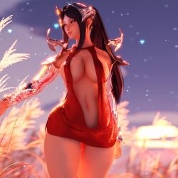 3d big_ass breasts inner_sideboob irelia_xan ireliabubblebutt league_of_legends league_of_legends:_wild_rift long_hair red_dress sideboob thick_ass thick_thighs wheat_field white_skin wide_hips