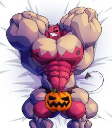 1boy anthro bara cerwcerw convenient_censoring convenient_censorship covering_crotch halloween jack-o'-lantern looking_at_viewer male male_only monster muscular muscular_male original original_character pecs pumpkin rene_(cerwcerw)