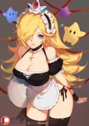 apron blonde_female blonde_hair blue_eyes breasts choker crown earrings female frilled_choker hair_over_one_eye holding_tray kyomon large_breasts long_hair luma maid maid_apron maid_headdress maid_uniform mario_(series) necklace nintendo princess_rosalina side-tie_panties super_mario_galaxy tray